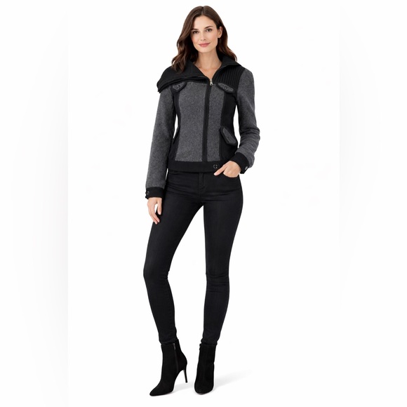 Diane von Furstenberg Grey Black Wool Knit Jacket Wide Collar Button Detail M - Picture 2 of 10